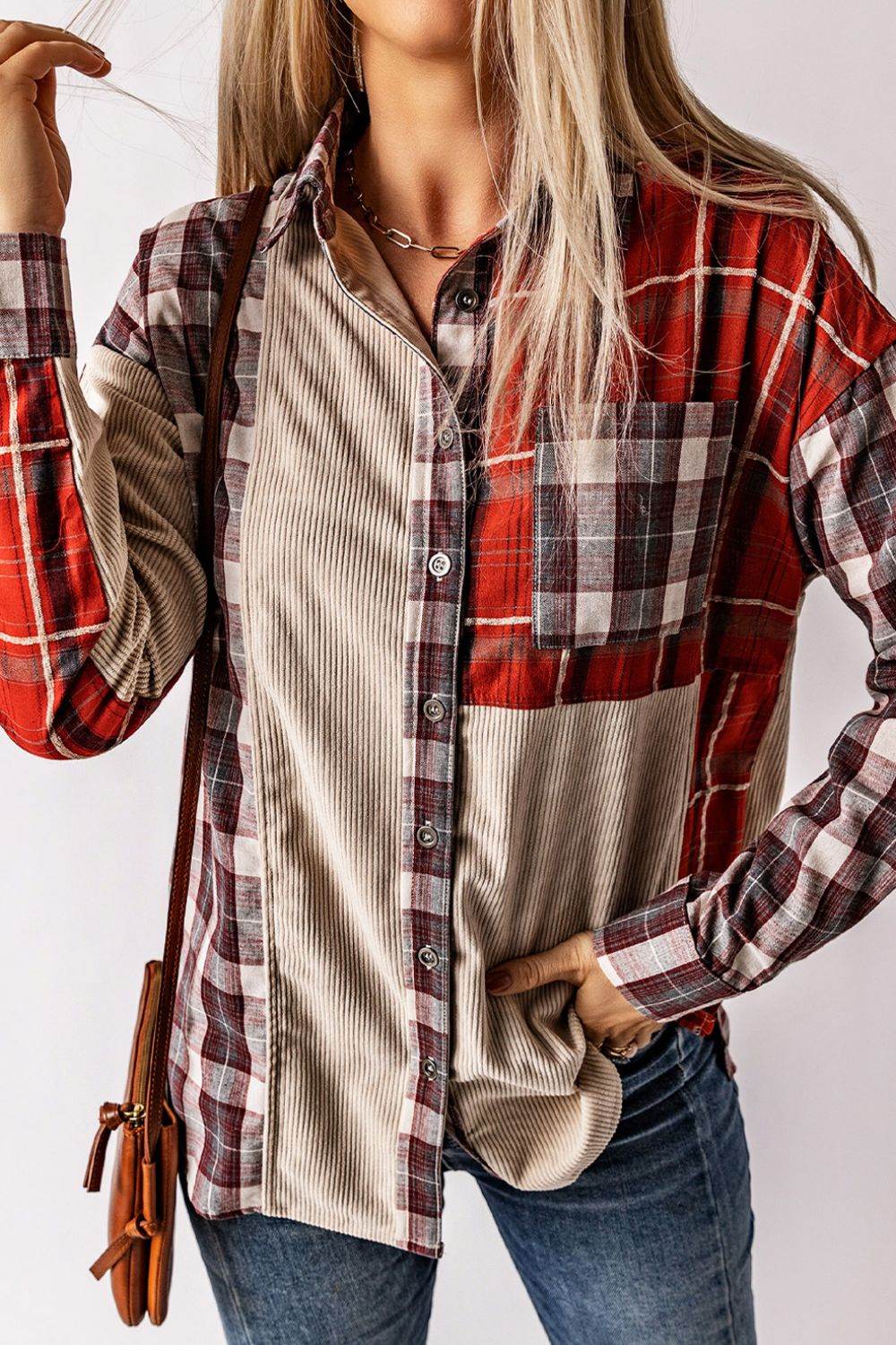 Plaid Patchwork Collared Neck Shacket - Delanoir