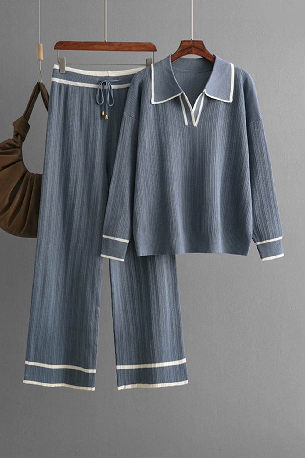 Contrast Trim Johnny Collar Top and Drawstring Pants Sweater Set - Delanoir