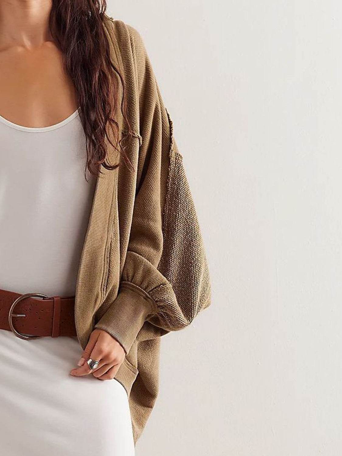 Exposed Seam Open Front Batwing Sleeve Hooded Cardigan - Delanoir