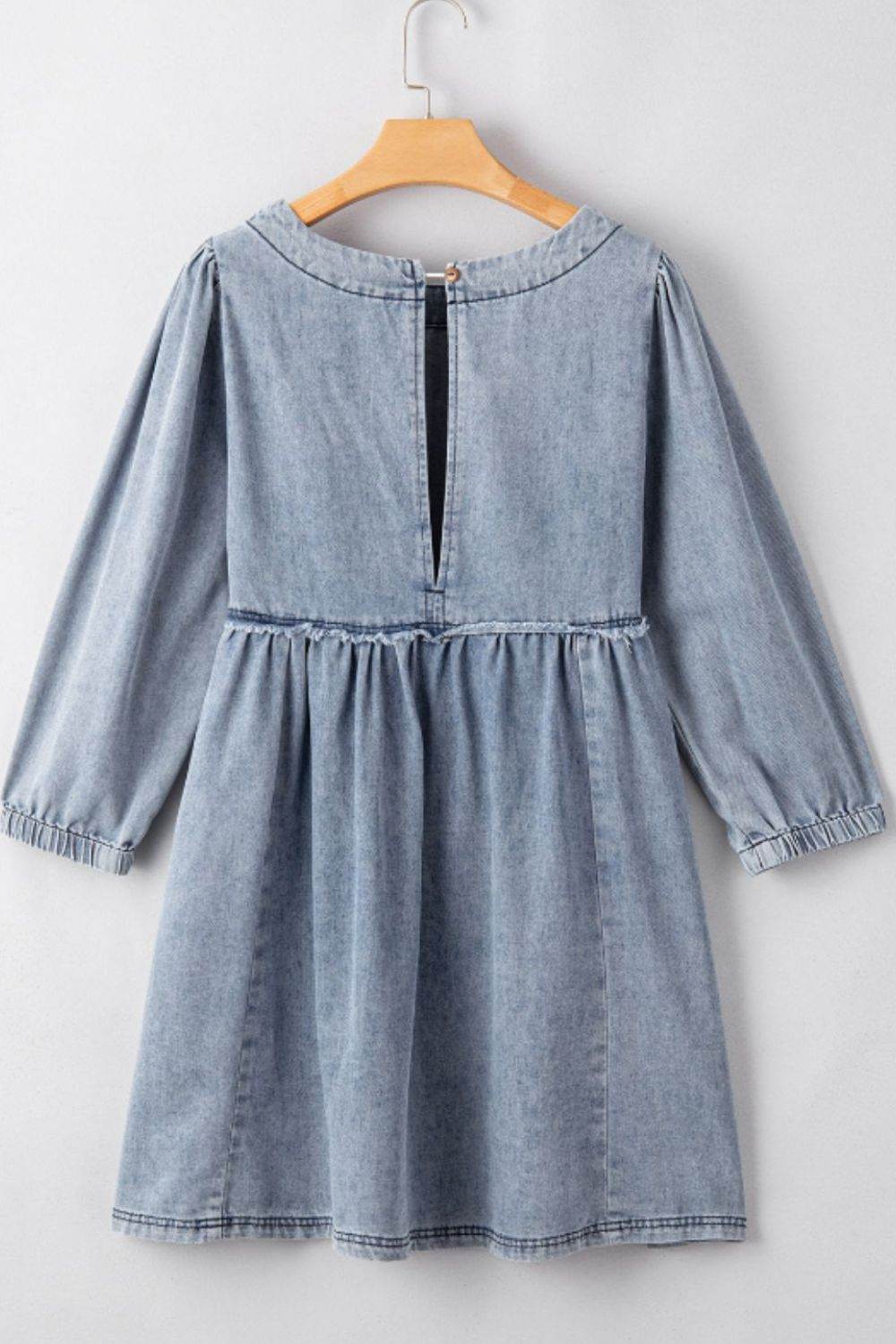 Cutout Round Neck Balloon Sleeve Denim Dress - Delanoir