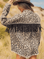 Leopard Fringe Detail Collared Neck Denim Jacket - Delanoir