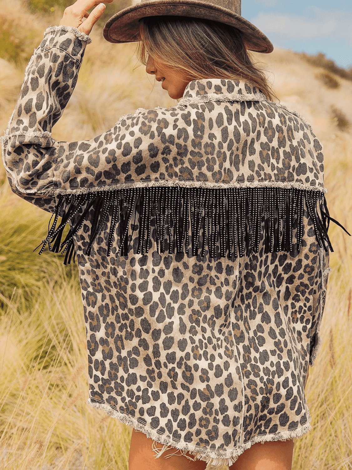 Leopard Fringe Detail Collared Neck Denim Jacket - Delanoir