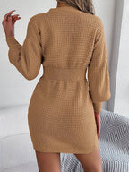 Buttoned Cable-Knit V-Neck Sweater Dress - Delanoir