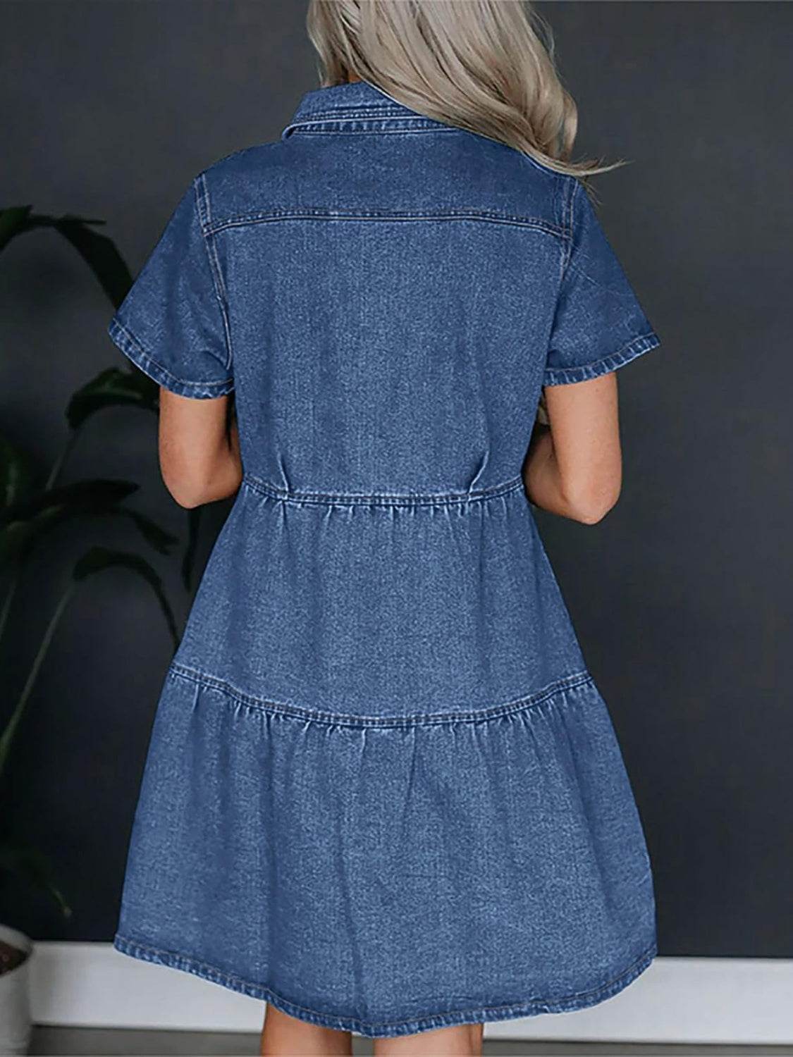 Pocketed Button Up Collared Neck Short Sleeve Denim Dress - Delanoir