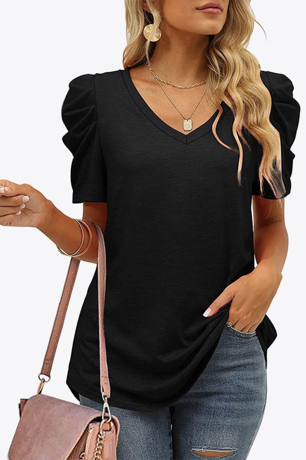 V-Neck Puff Sleeve Tee - Delanoir