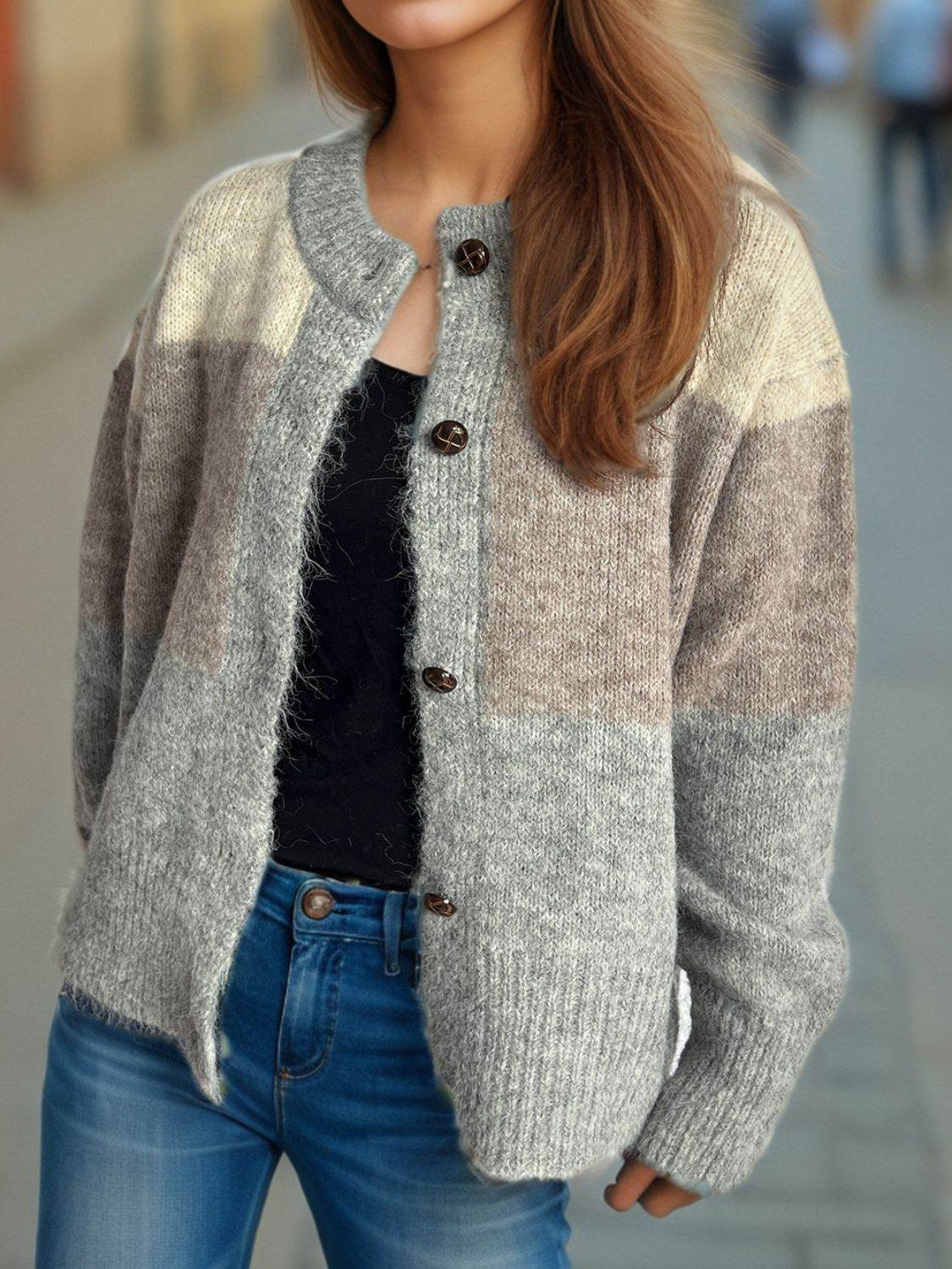 Color Block Round Neck Button Up Cardigan - Delanoir