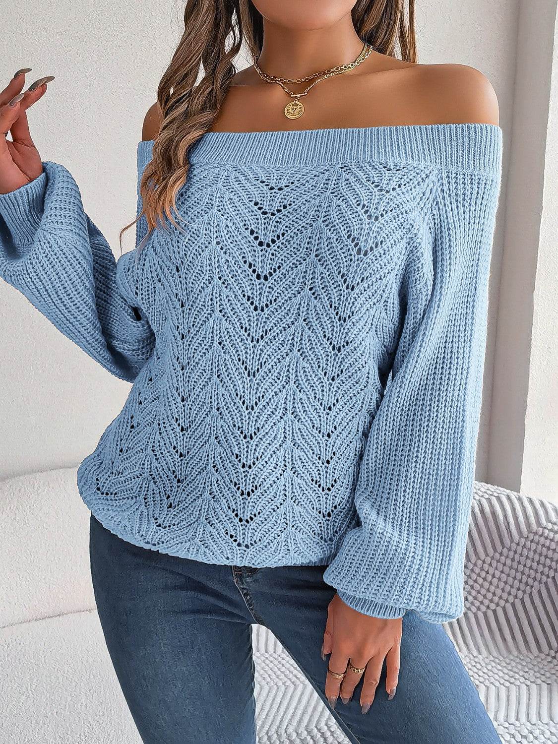 Openwork Off-Shoulder Long Sleeve Sweater - Delanoir