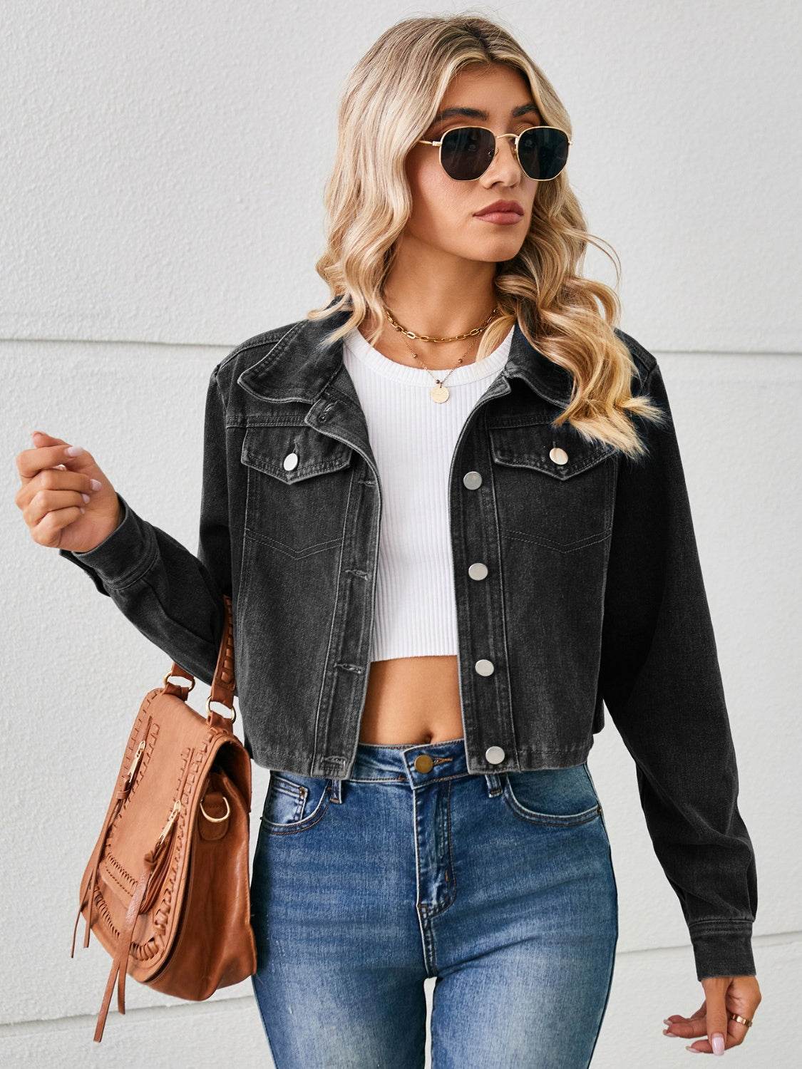 Button Up Long Sleeve Denim Jacket - Delanoir