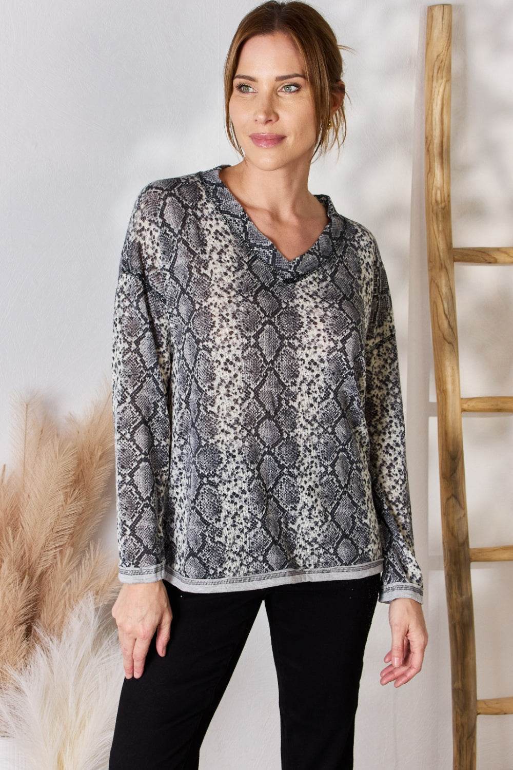 Hailey & Co Full Size Snakeskin V-Neck Long Sleeve Top - Delanoir