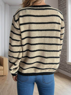 Striped Round Neck Long Sleeve Cardigan - Delanoir