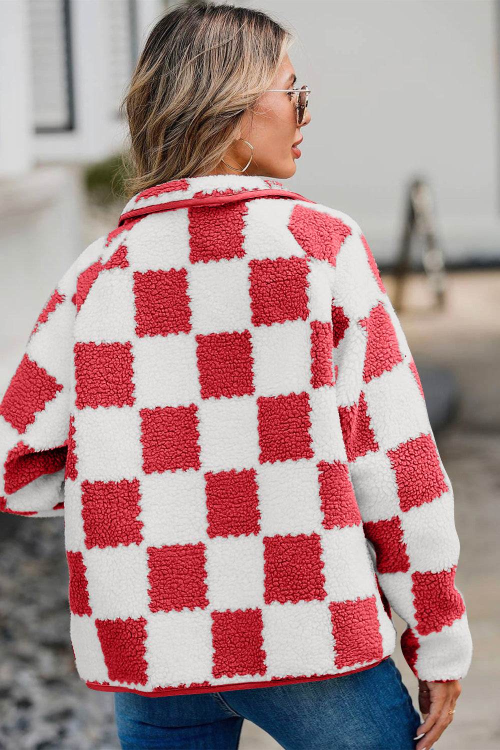 Checkered Snap Down Long Sleeve Teddy Jacket - Delanoir