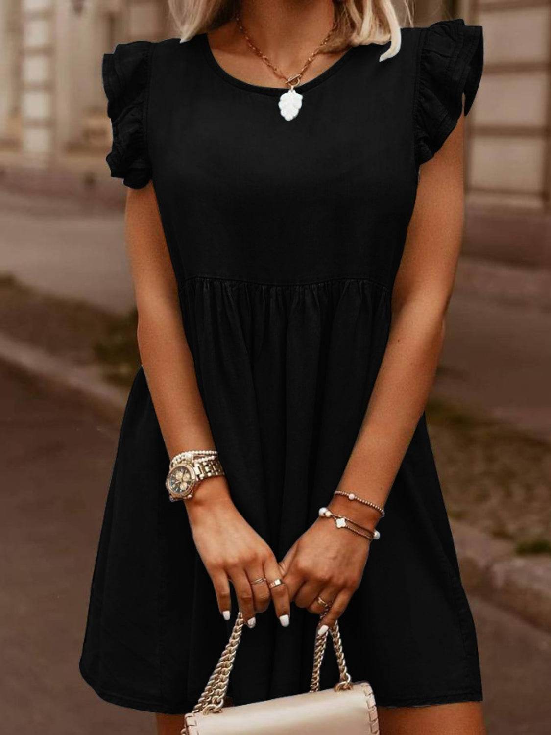 Full Size Ruffled Round Neck Cap Sleeve Denim Dress - Delanoir
