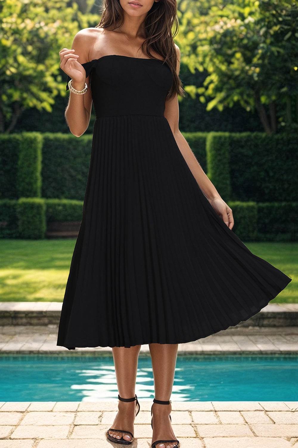 Perfee Pleated Off-Shoulder Midi Dress - Delanoir