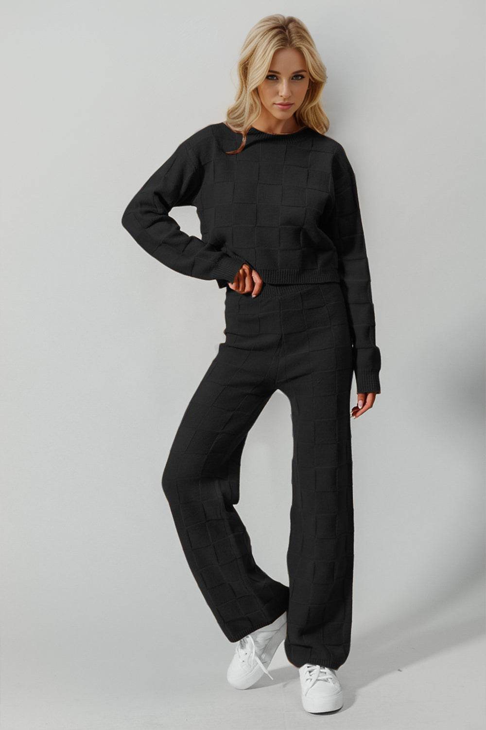 Double Take Full Size Checkered Round Neck Top and Pants Set - Delanoir
