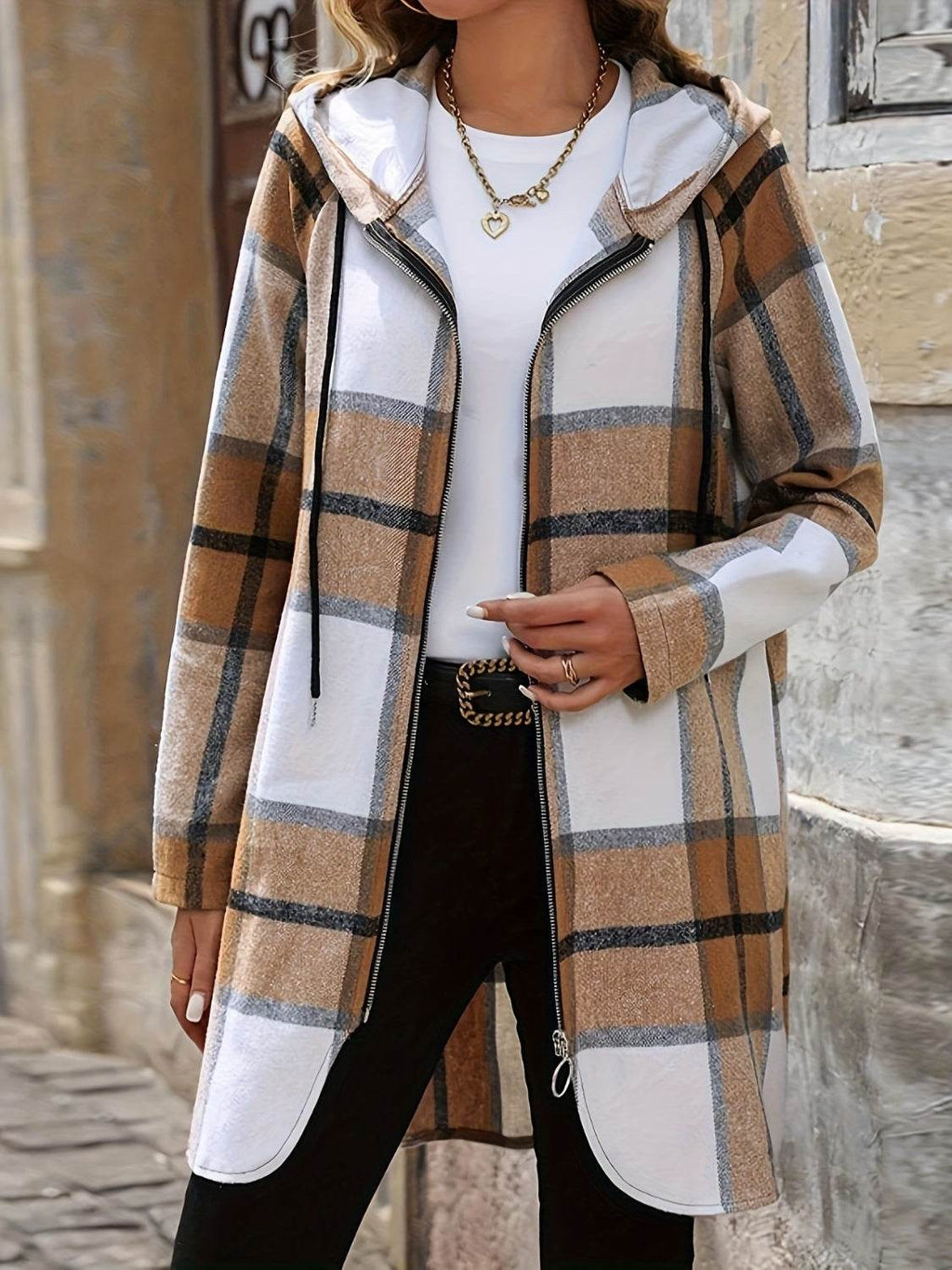 Drawstring Plaid Zip Up Hooded Outerwear - Delanoir