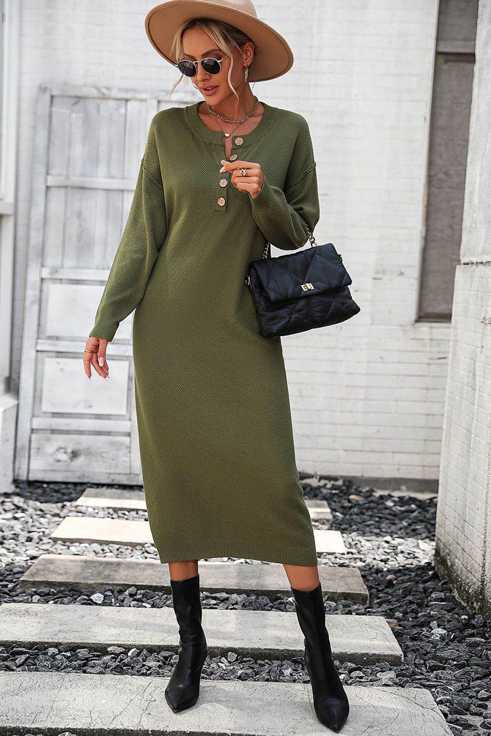 Decorative Button Notched Dropped Shoulder Sweater Dress - Delanoir