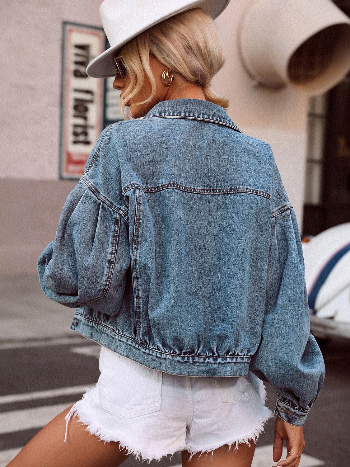 Collared Neck Dropped Shoulder Denim Top - Delanoir