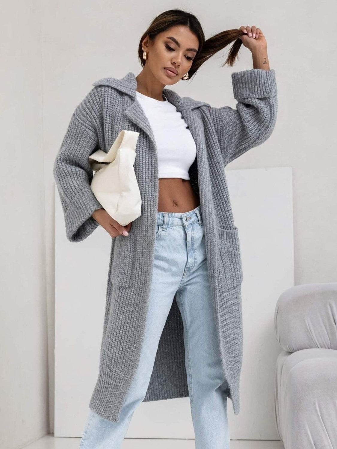 Pocketed Collared Neck Dropped Shoulder Cardigan - Delanoir