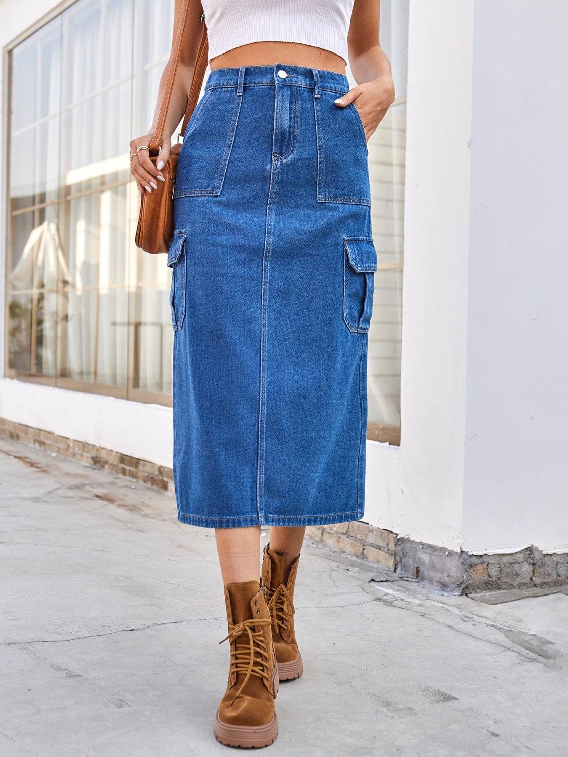 Slit Midi Denim Skirt with Pockets - Delanoir