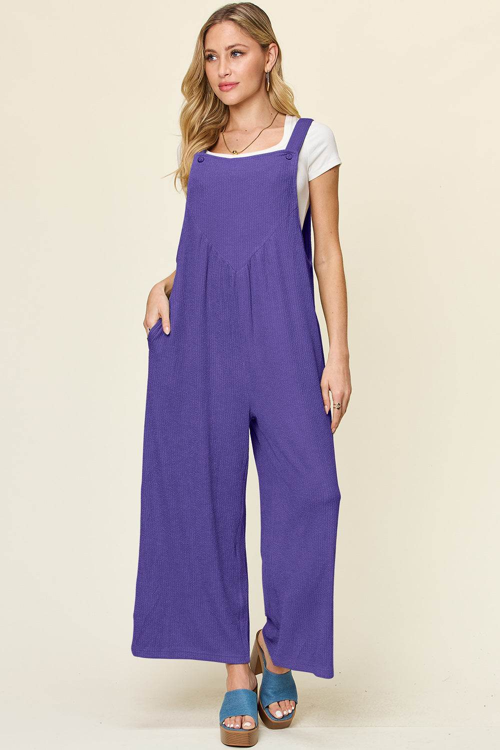 Double Take Full Size Texture Sleeveless Wide Leg Overall - Delanoir