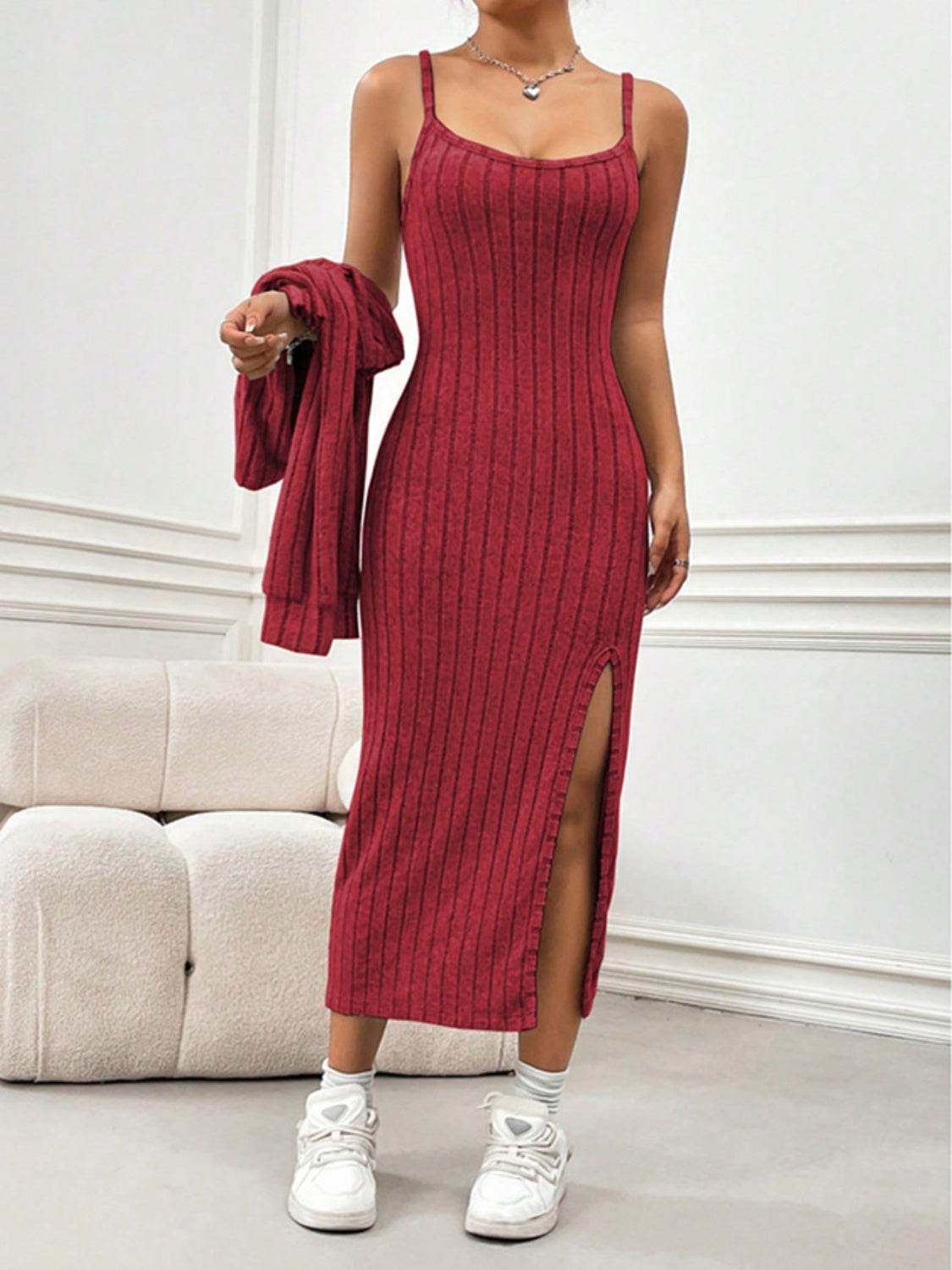 Ribbed Long Sleeve Cropped Cardigan and Slit Cami Dress Set - Delanoir