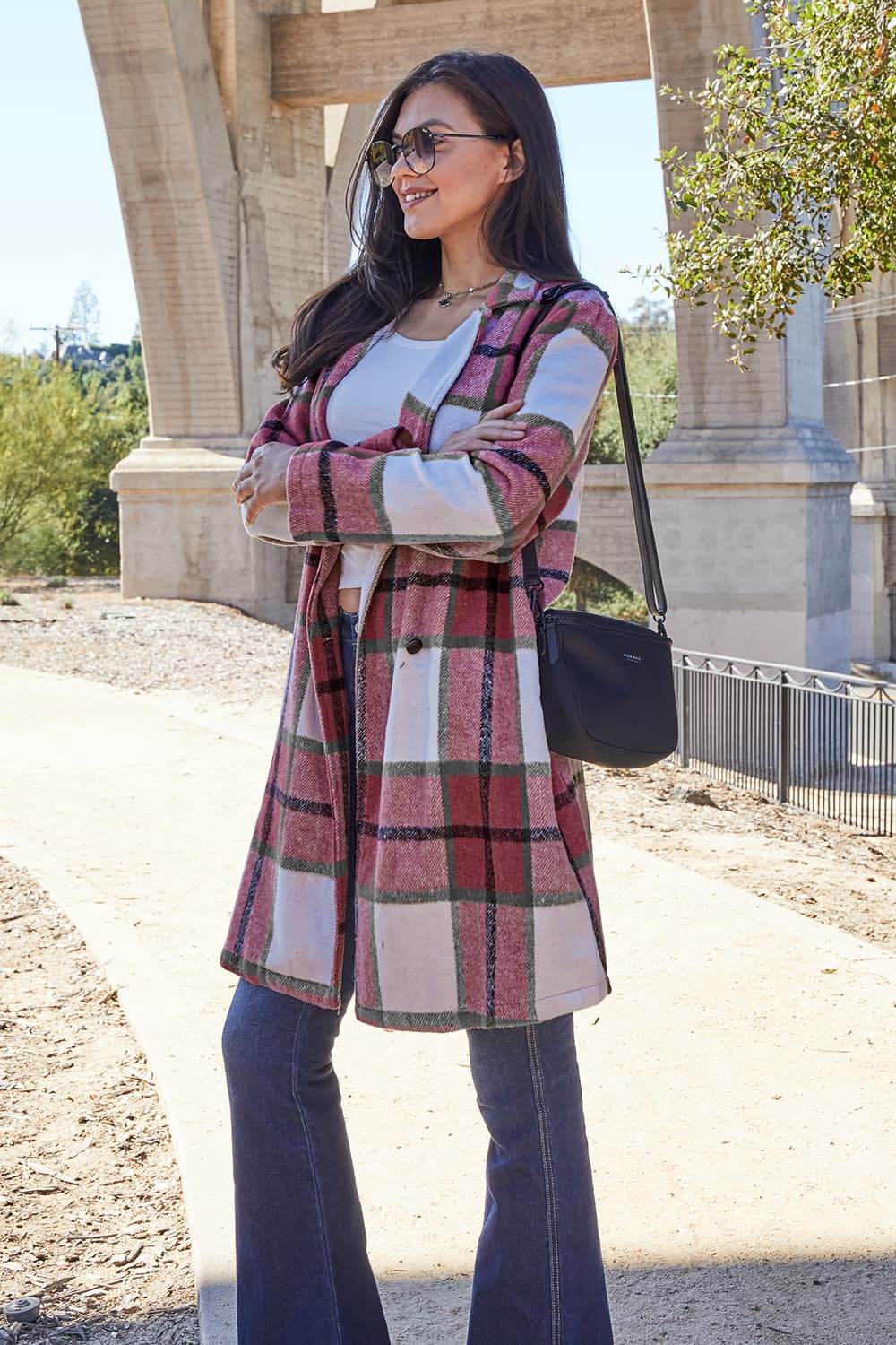 Double Take Full Size Plaid Button Up Lapel Collar Coat - Delanoir