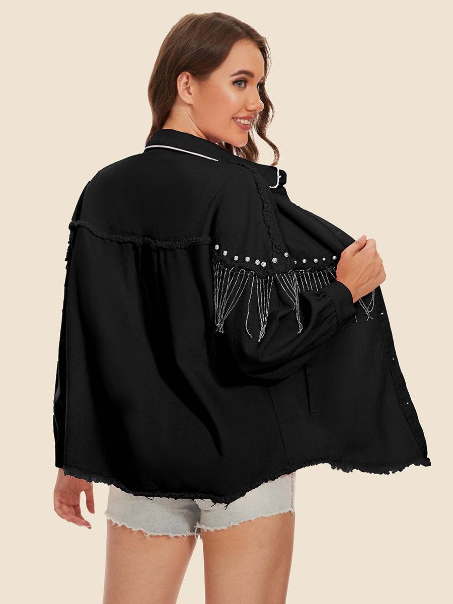 Raw Hem Fringe Detail Denim Jacket - Delanoir