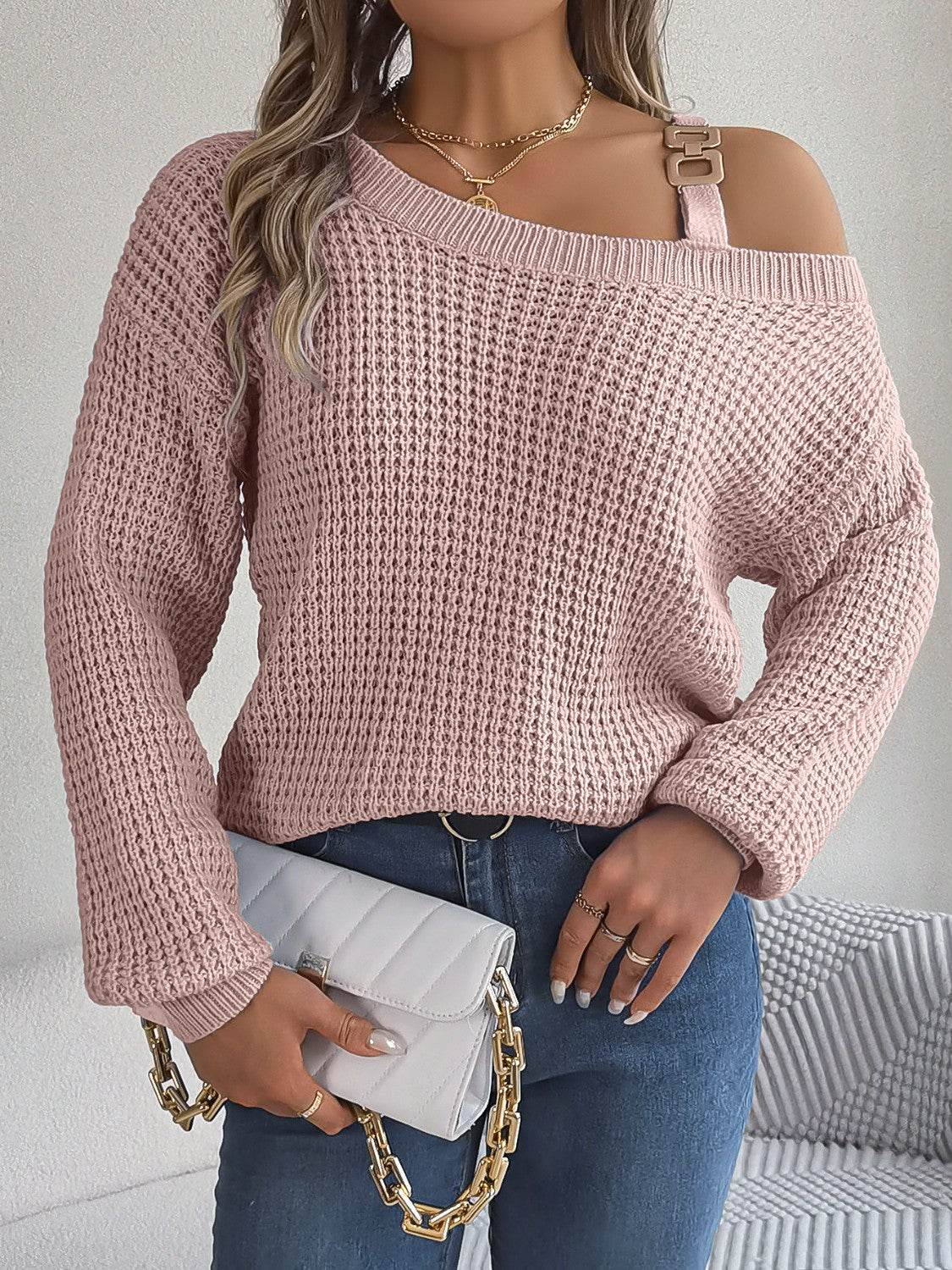 Asymmetrical Neck Long Sleeve Sweater - Delanoir