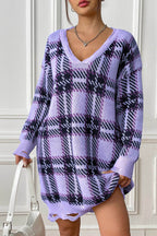 Plaid V-Neck Long Sleeve Sweater Dress - Delanoir