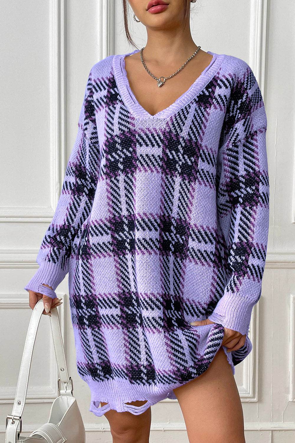 Plaid V-Neck Long Sleeve Sweater Dress - Delanoir