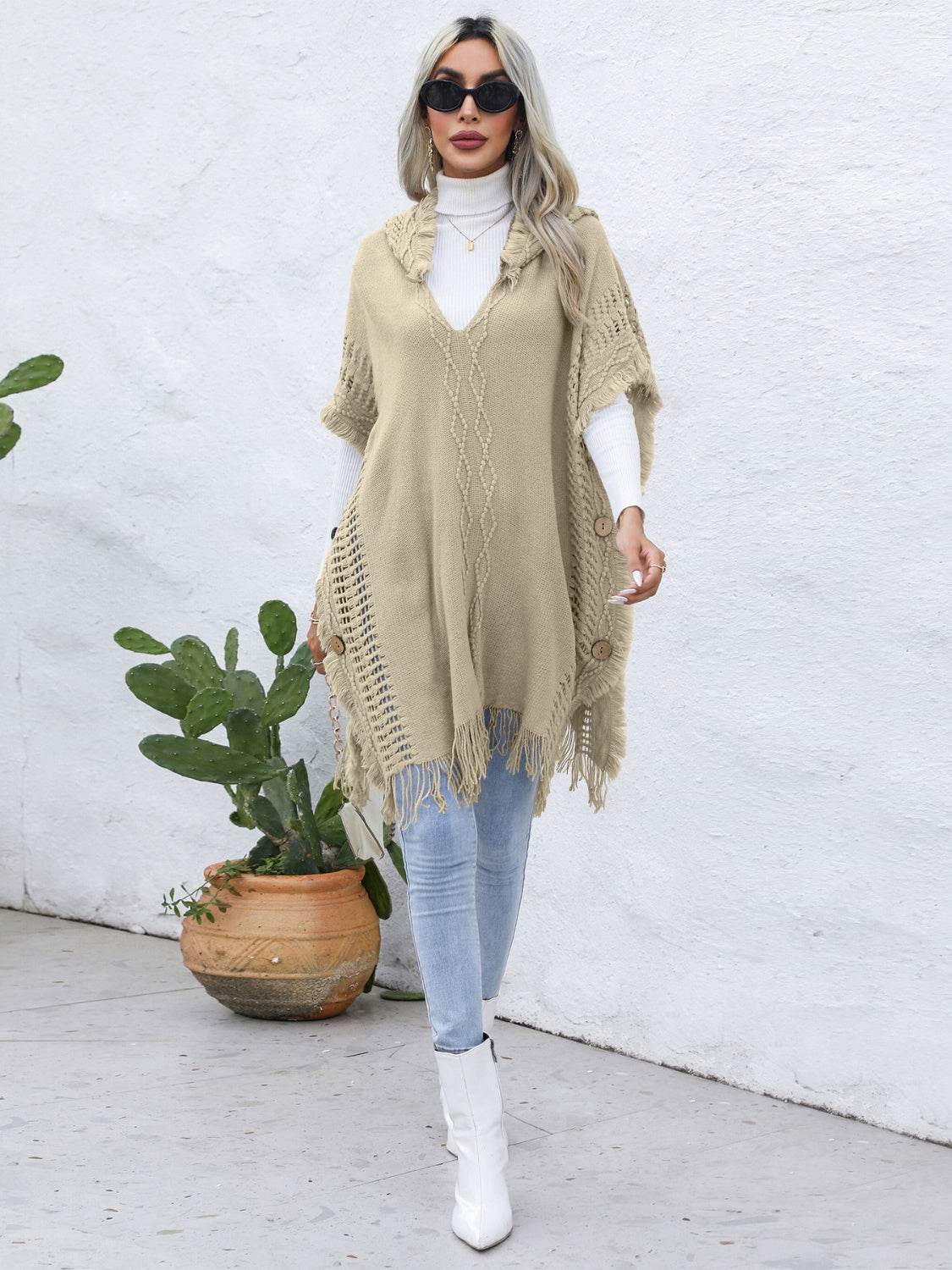 Fringe Trim Buttoned Hooded Poncho - Delanoir