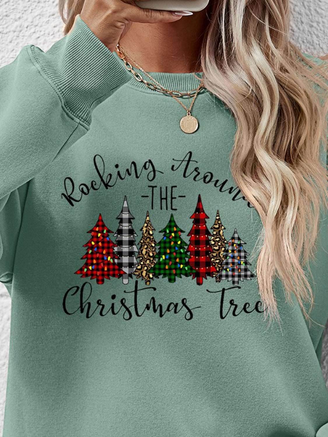 Christmas Tree Graphic Round Neck Sweatshirt - Delanoir