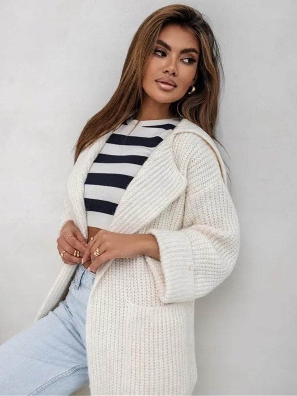 Pocketed Collared Neck Dropped Shoulder Cardigan - Delanoir