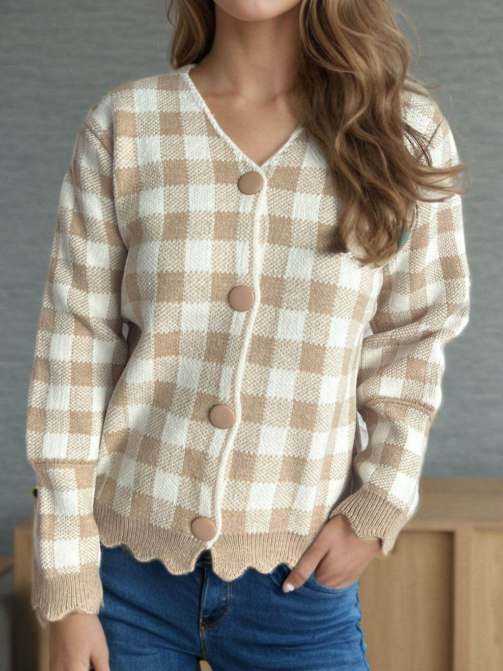 Plaid V-Neck Button Up Cardigan - Delanoir