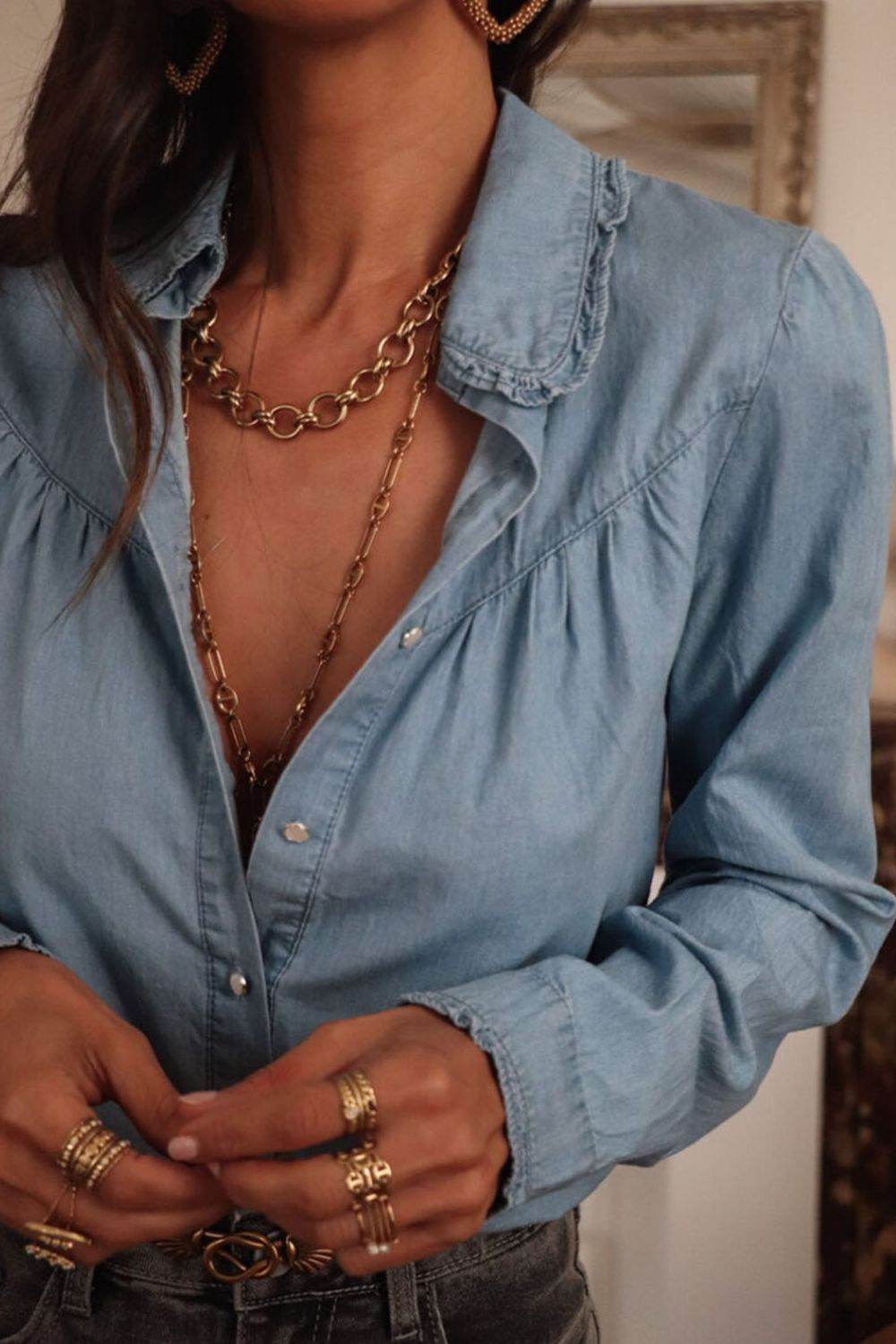 Button Up Long Sleeve Denim Top - Delanoir