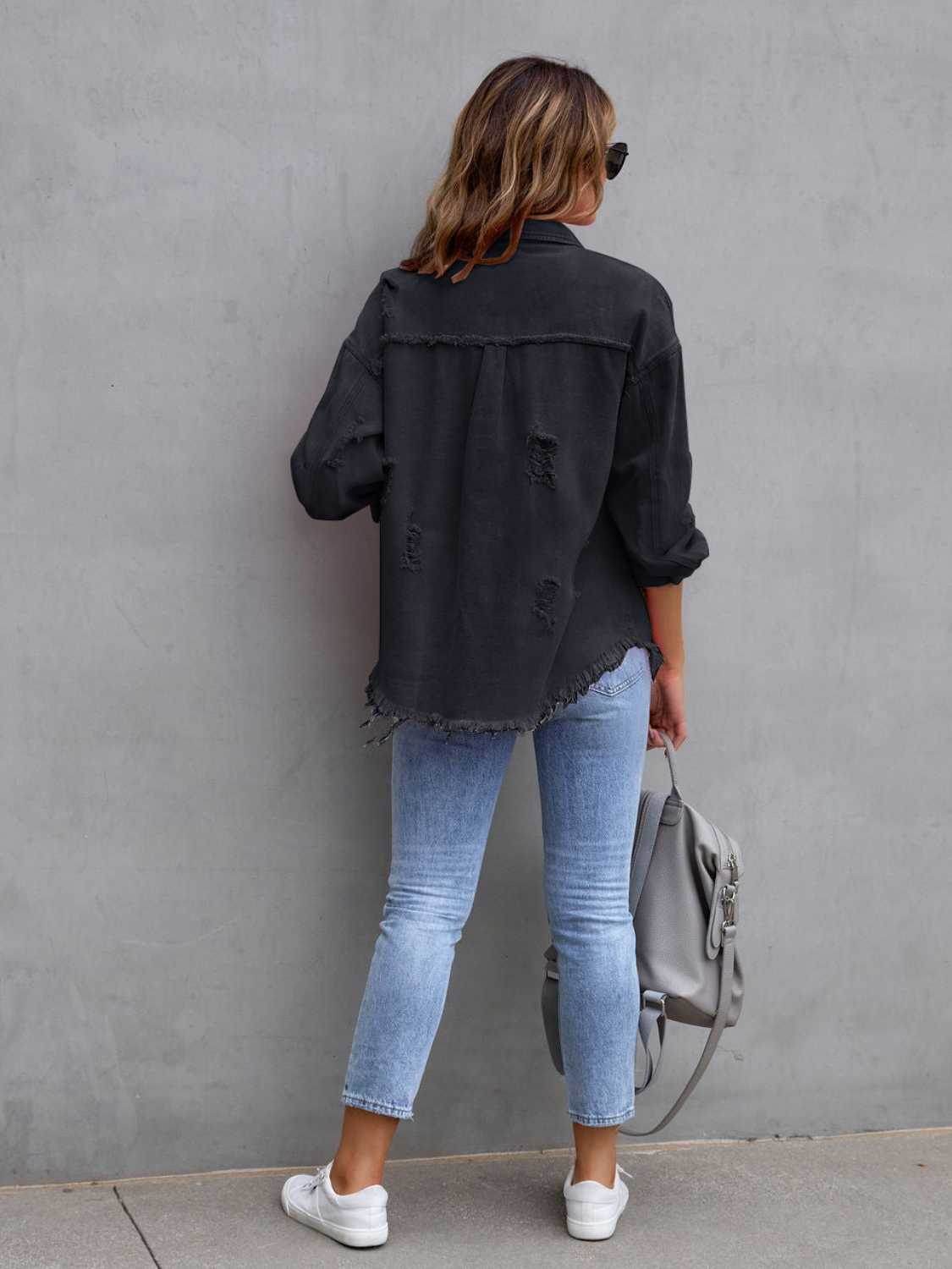 Distressed Drop Shoulder Denim Jacket - Delanoir