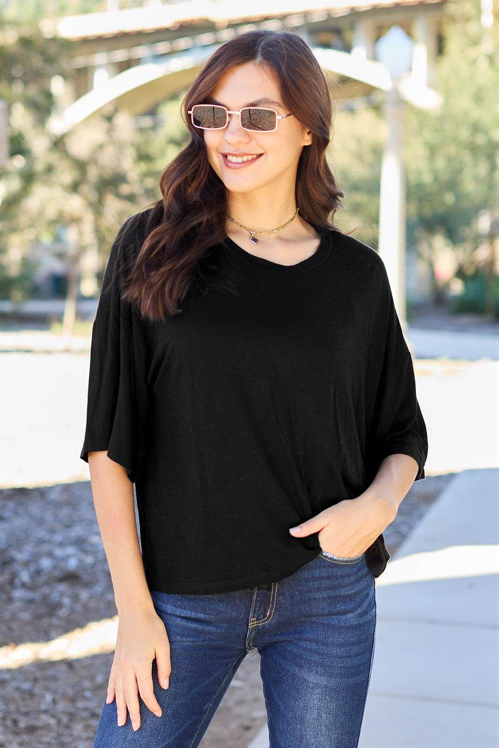 Basic Bae Full Size Round Neck Drop Shoulder T-Shirt - Delanoir