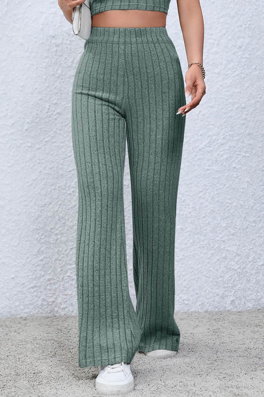 Basic Bae Full Size Ribbed High Waist Flare Pants - Delanoir