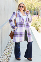 Double Take Full Size Plaid Button Up Lapel Collar Coat - Delanoir