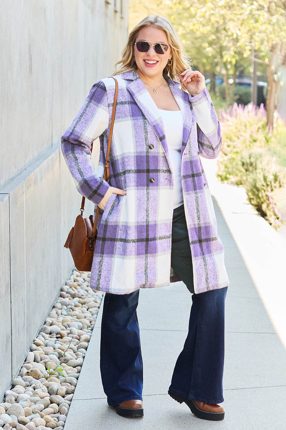 Double Take Full Size Plaid Button Up Lapel Collar Coat - Delanoir