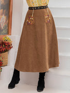 Plus Size Embroidered Pocketed High Waist Skirt - Delanoir