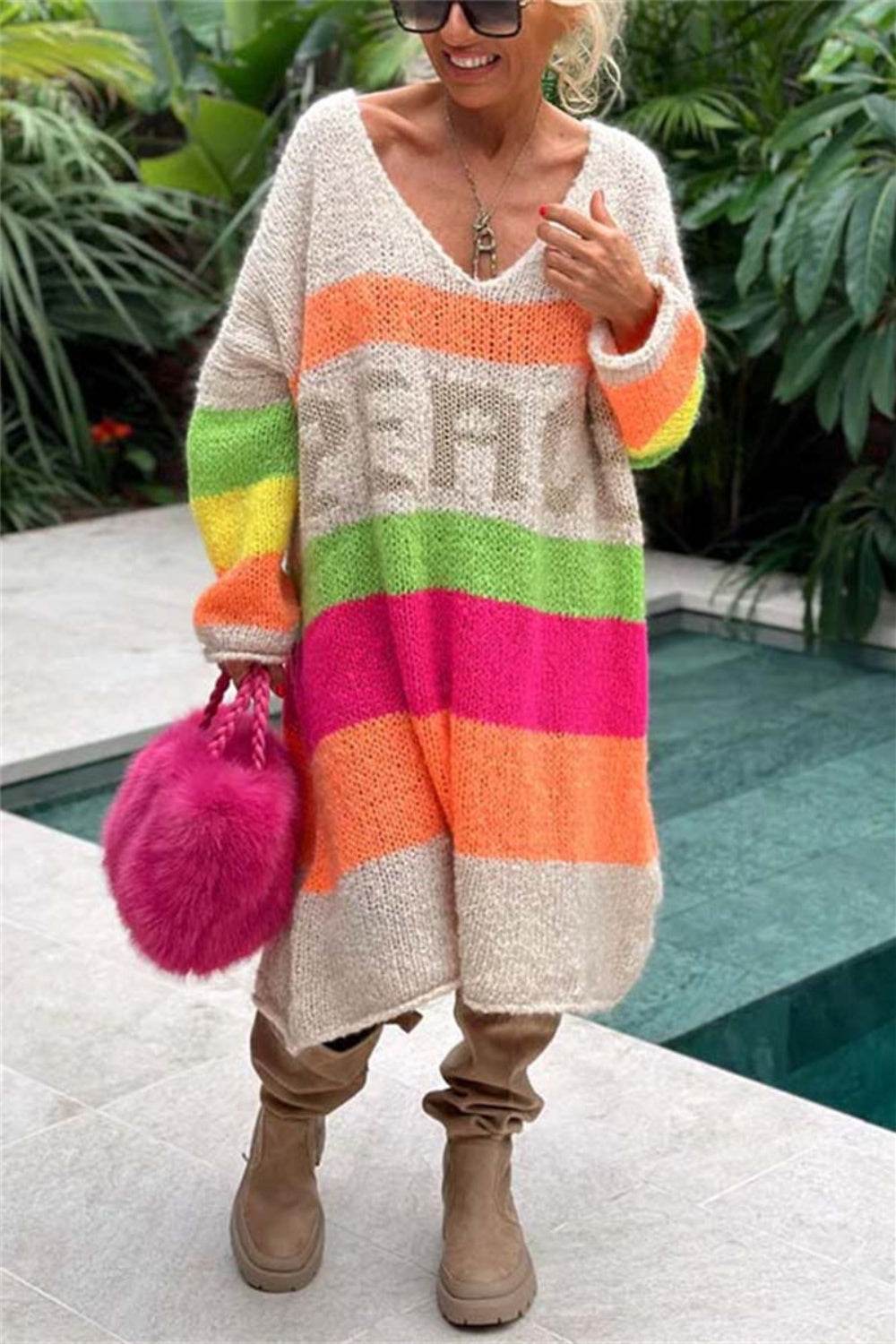 Color Block V-Neck Long Sleeve Sweater Dress - Delanoir