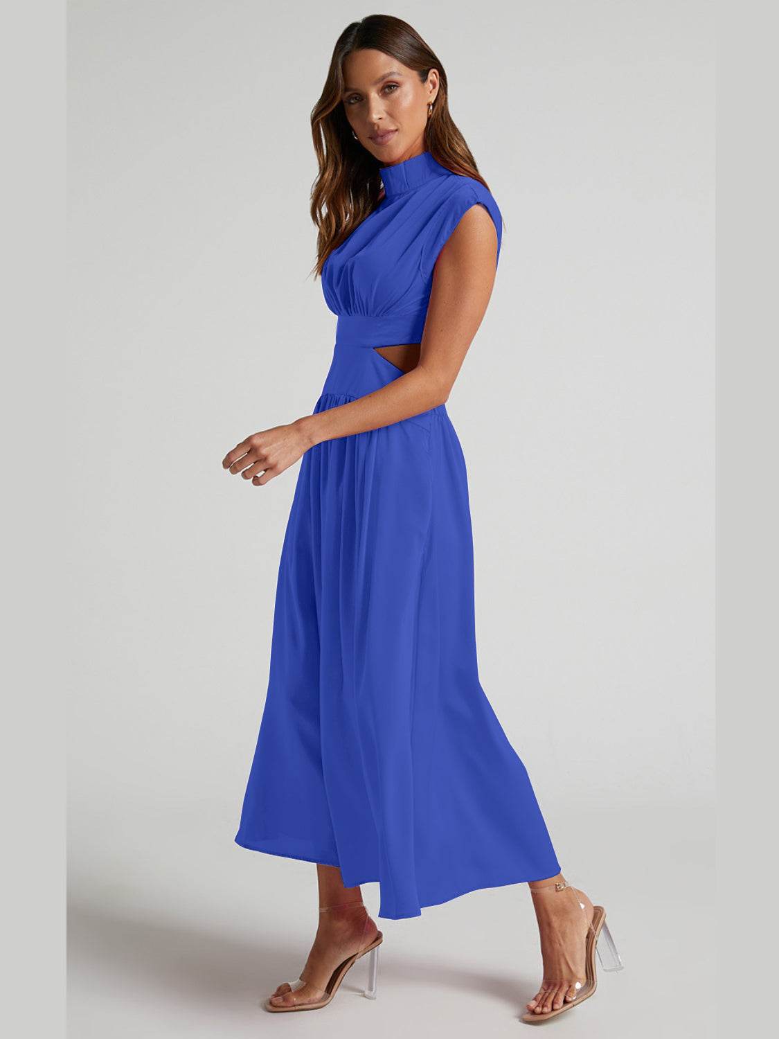 Cutout Mock Neck Sleeveless Ruched Dress - Delanoir