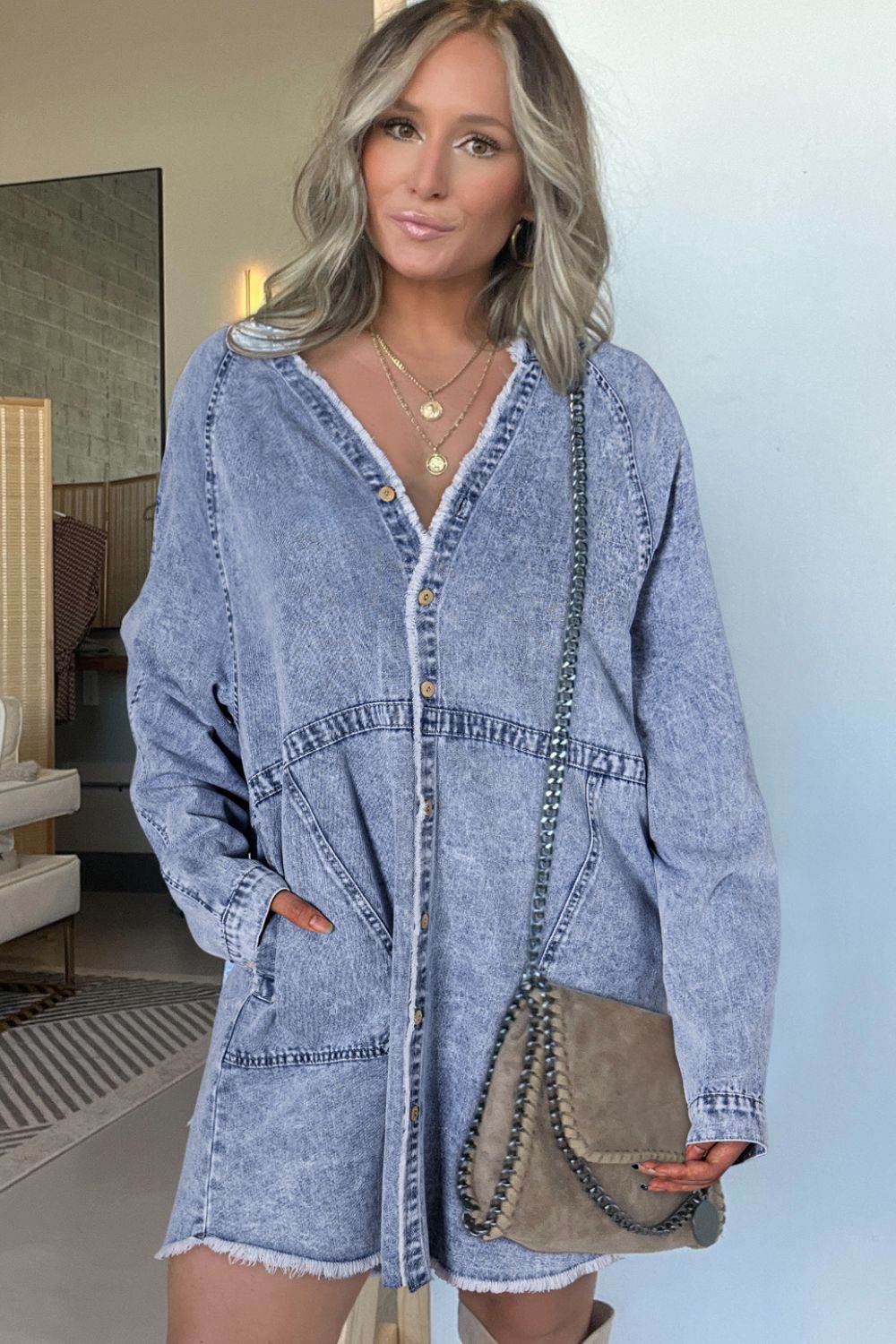 Raw Hem Button Down Long Sleeve Denim Dress - Delanoir