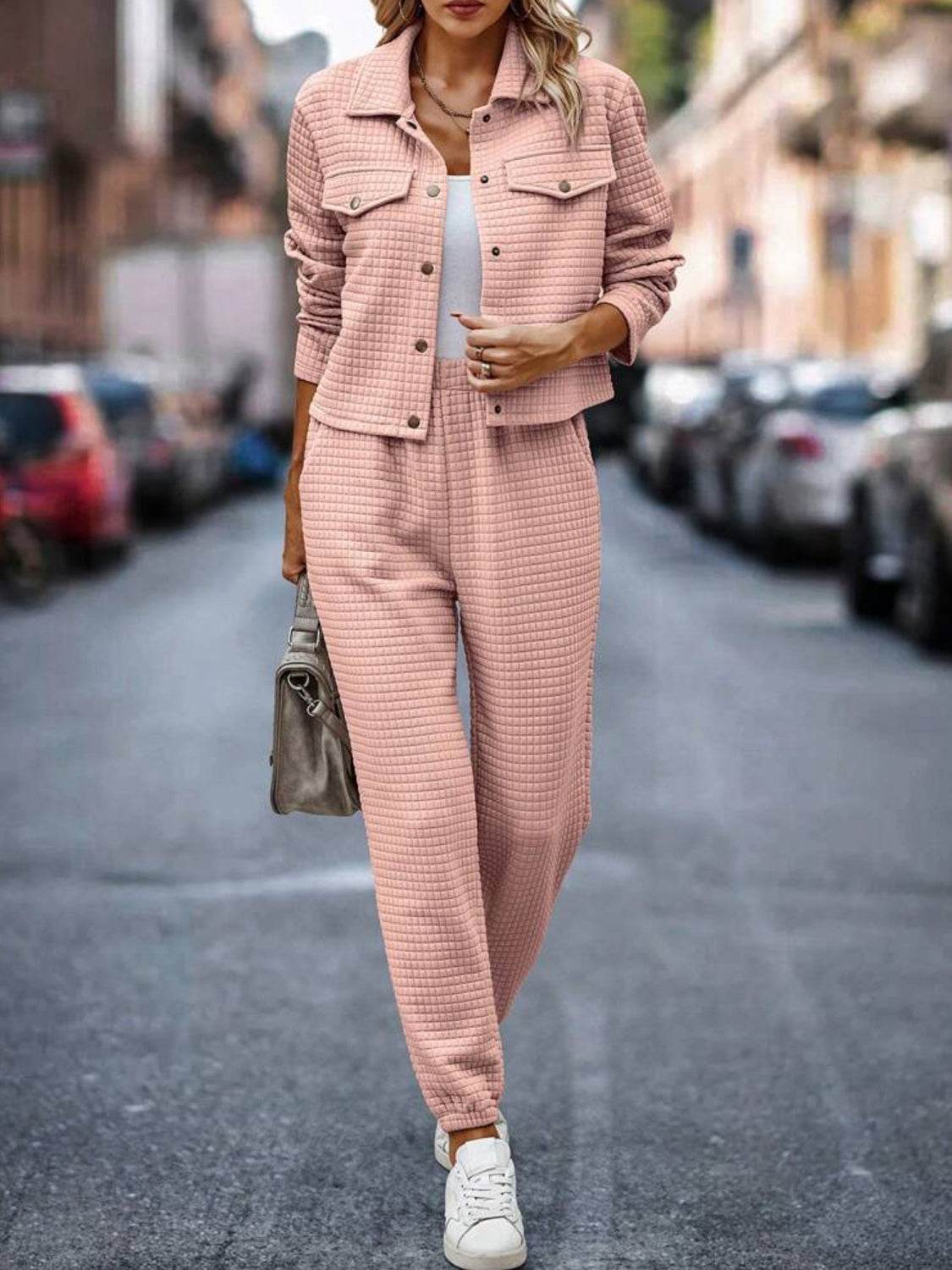 Plaid Texture Snap Down Top and Pants Set - Delanoir