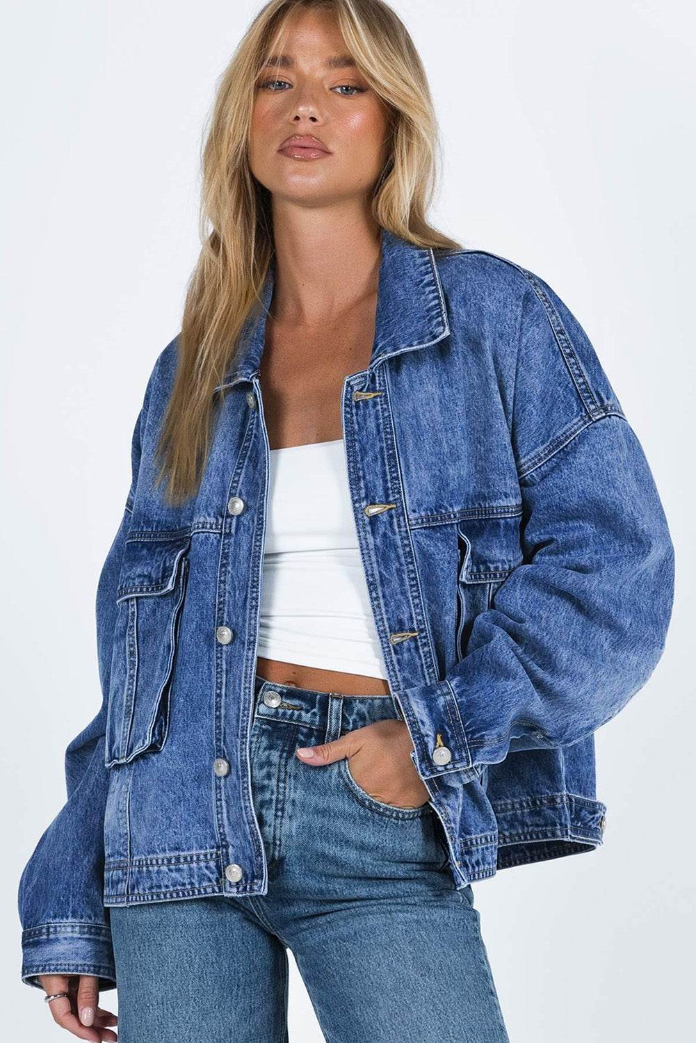 Collared Neck Button Up Denim Jacket - Delanoir
