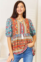 Devine Bohemian Tassel Tie Puff Sleeve Babydoll Blouse - Delanoir