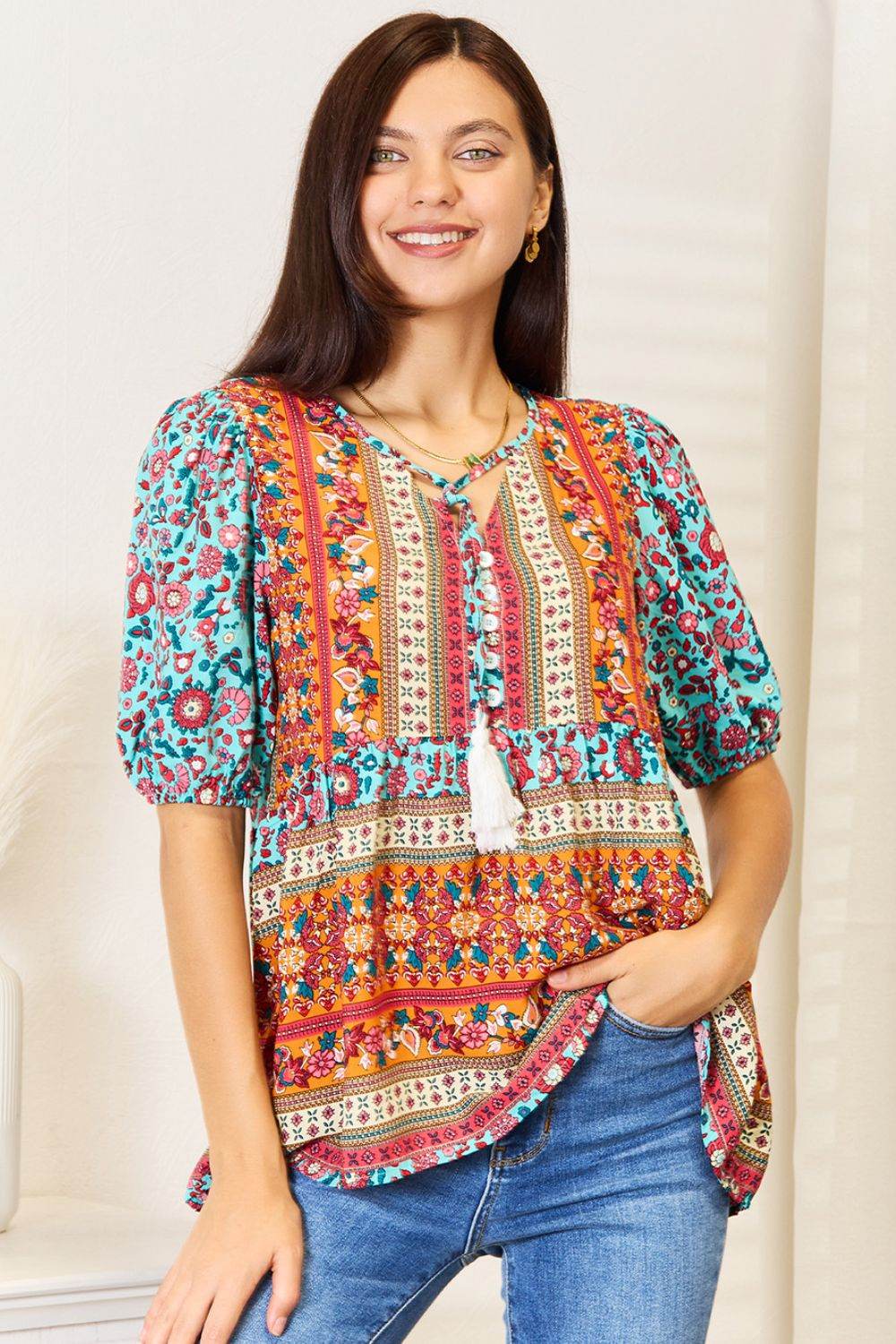 Devine Bohemian Tassel Tie Puff Sleeve Babydoll Blouse - Delanoir