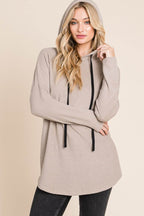 BOMBOM Contrast Drawstring Drop Shoulder Knit Hoodie - Delanoir