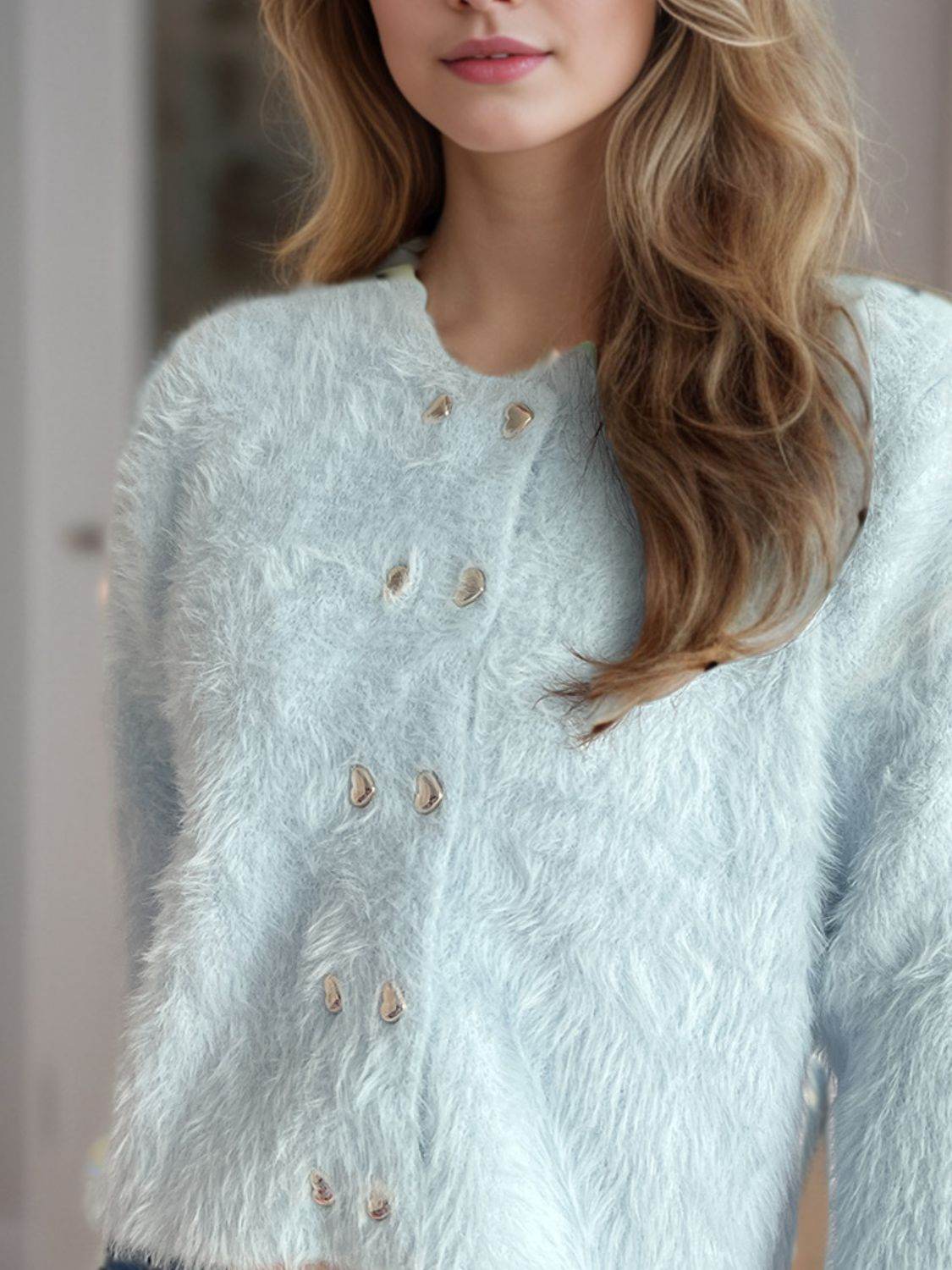 Heart Button Round Neck Cardigan - Delanoir